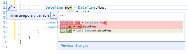 Screenshot che mostra il suggerimento della variabile temporanea Inline in Visual Studio.