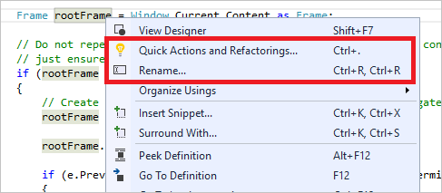 Screenshot che mostra il refactoring in Visual Studio.