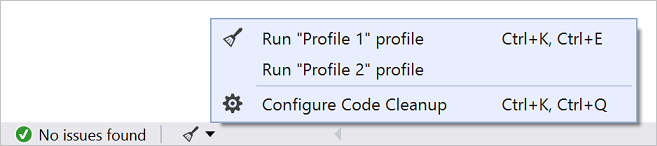 Screenshot che mostra l'icona Pulizia codice e il menu in Visual Studio.