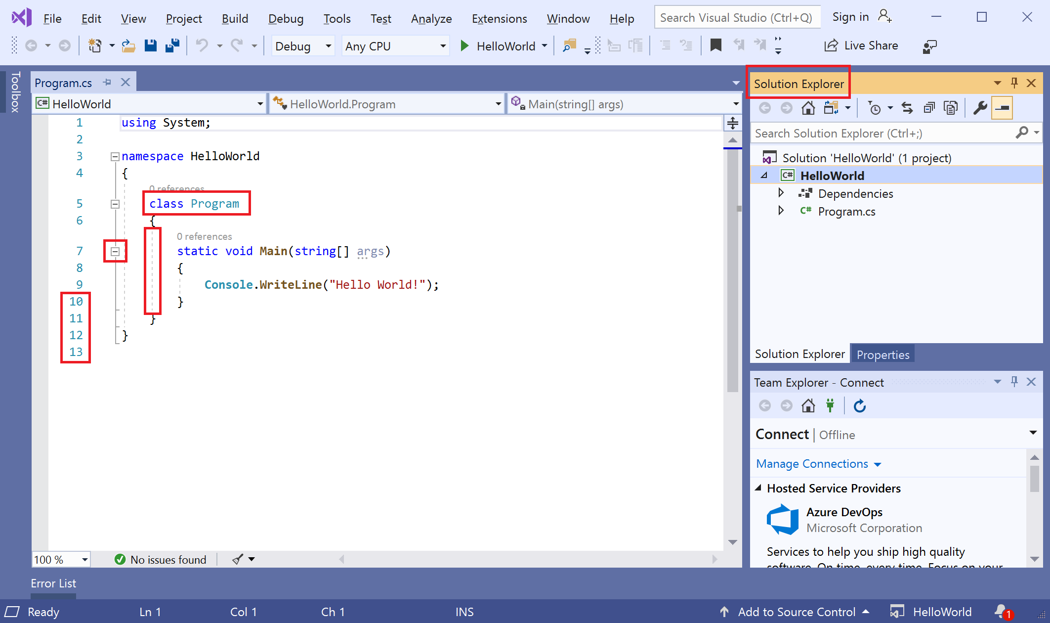 Screenshot che mostra l'IDE di Visual Studio con caselle rosse.