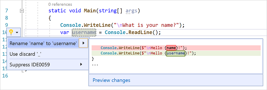 Screenshot che mostra l'azione Rinomina in Visual Studio.