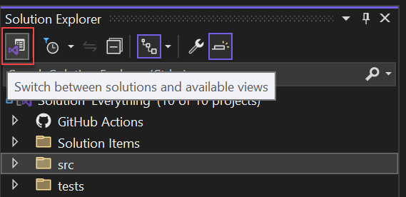 Screenshot of a project in Git that's open in Solution Explorer, with the Switch Views button highlighted.