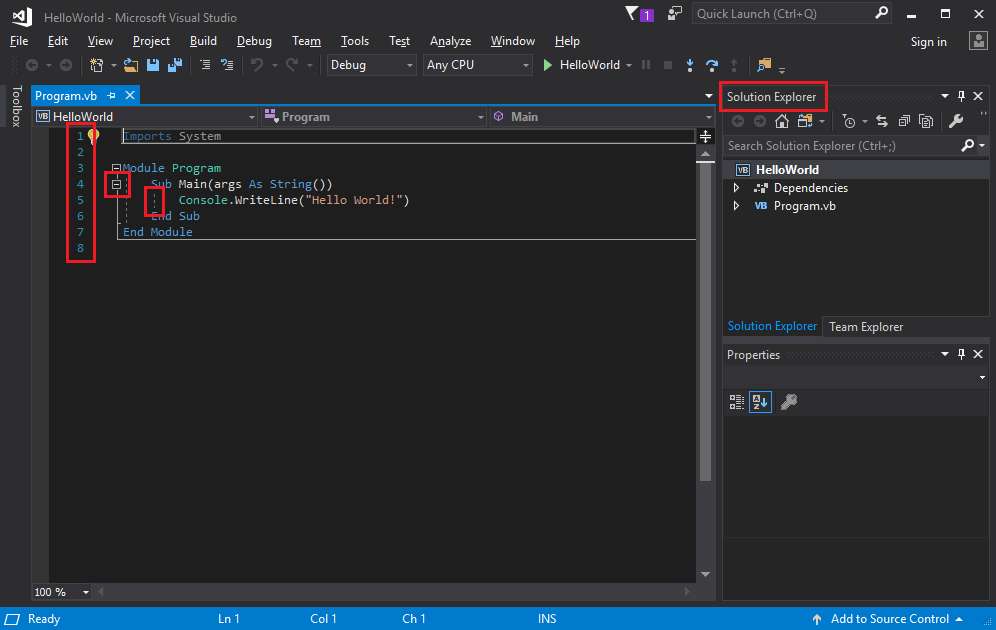 Screenshot che mostra l'IDE di Visual Studio con caselle rosse.