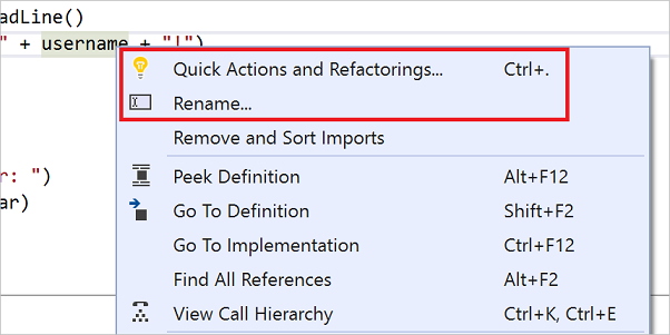 Screenshot del menu Refactoring in Visual Studio.