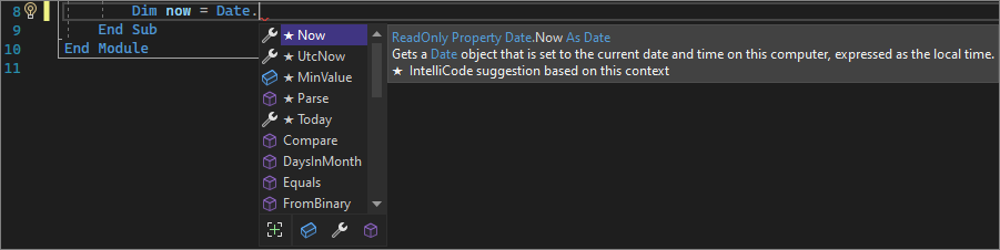 Screenshot di un elenco di membri di IntelliSense.