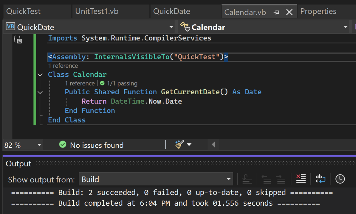 Screenshot della finestra Output in Visual Studio.