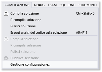 Screenshot of the Build menu, Configuration Manager command.