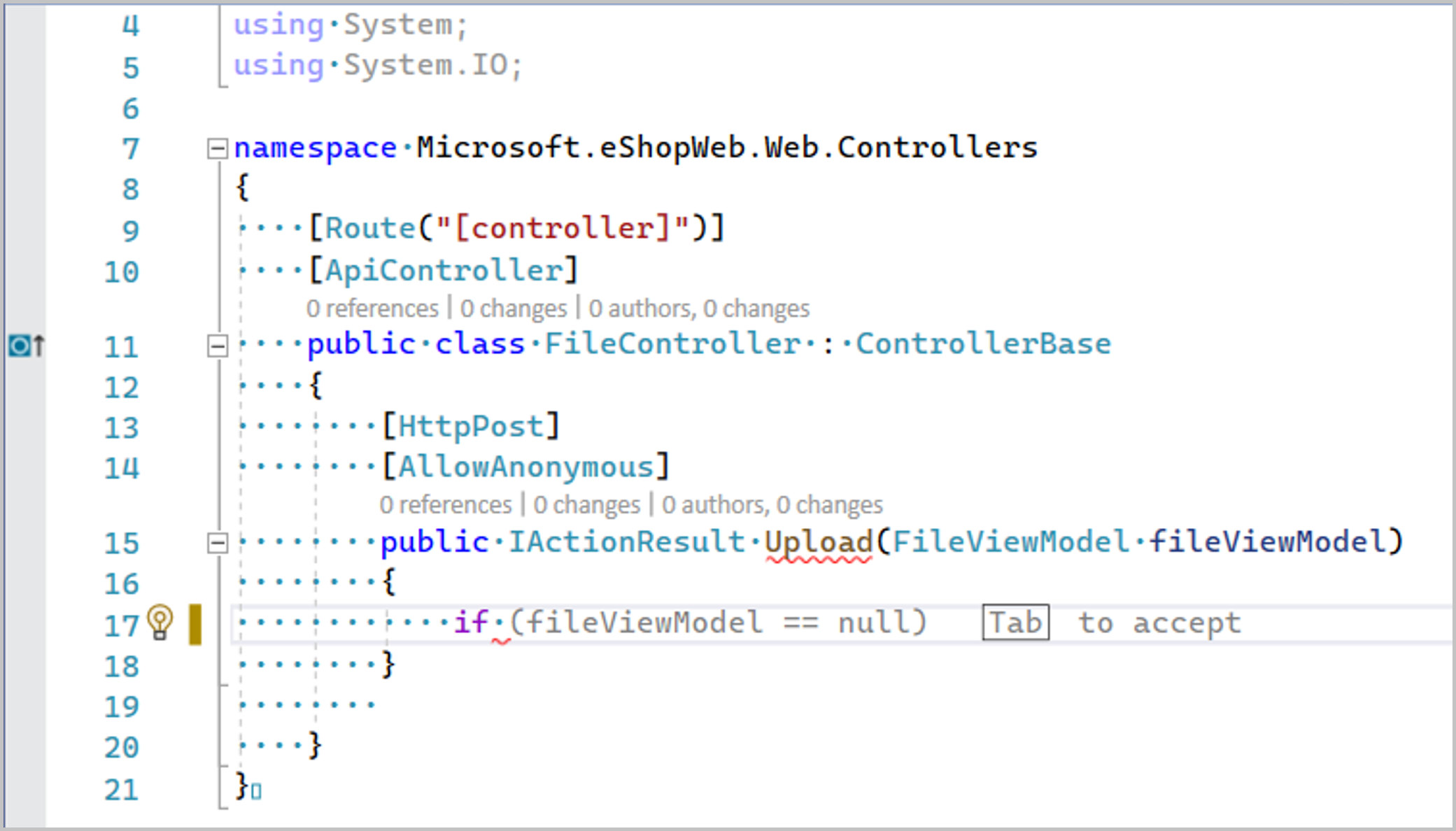 Screenshot del completamento dell'intera riga di IntelliCode in Visual Studio.