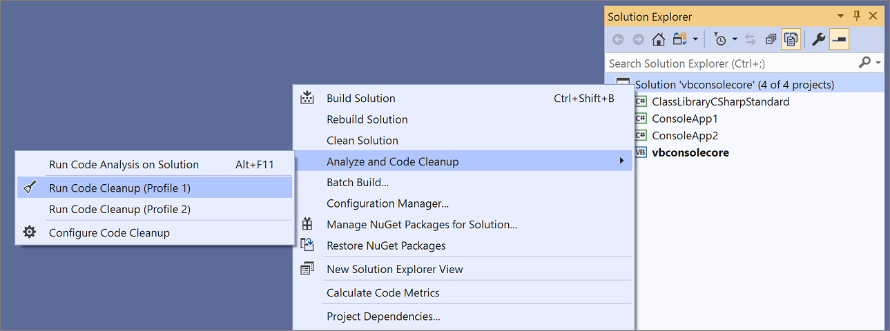 Screenshot di Esegui pulizia del codice in tutto il progetto o la soluzione.