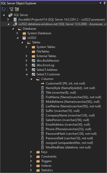 Screenshot che mostra la finestra Esplora oggetti di SQL Server.