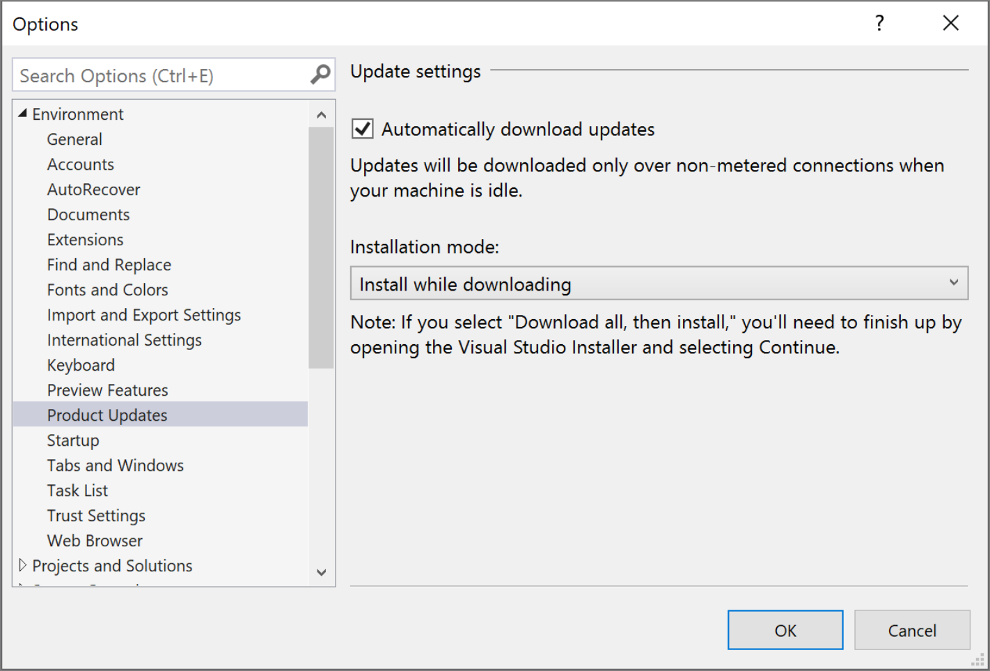 Screenshot che mostra le impostazioni degli aggiornamenti in Visual Studio.