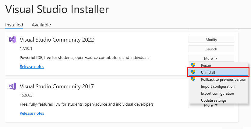 Screenshot che mostra la versione installata di Visual Studio 2022 con Disinstalla selezionato dal menu Altro.