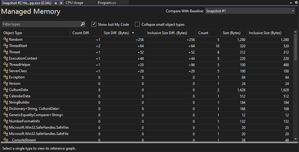 Visualizzazione diff dell'heap degli strumenti di diagnostica