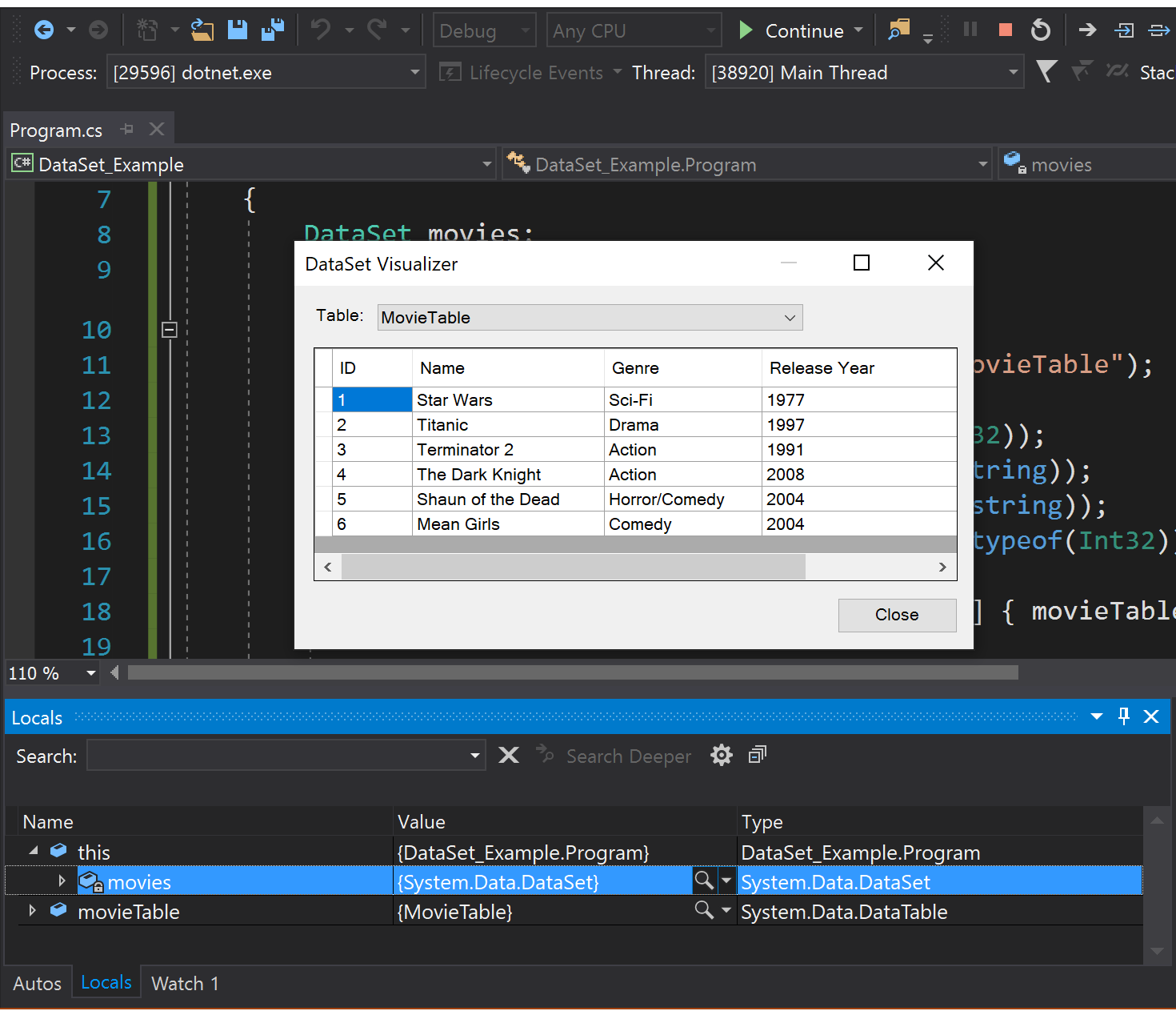 Visualizzatore dataset per .NET Core