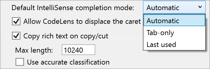 Impostazione della modalità di completamento di IntelliSense