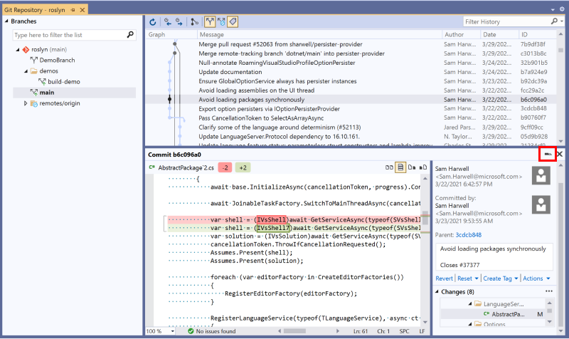 Dettagli del commit incorporato e confronto dei file nella finestra Repository Git.