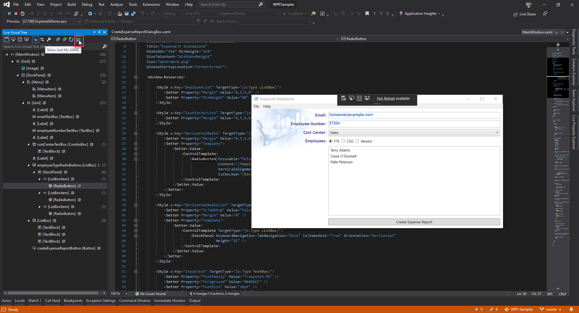 Mostra Just My XAML nella struttura ad albero visuale attiva