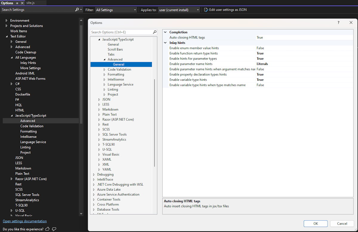 Impostazione TypeScript globale di Suggerimenti per l'inlay