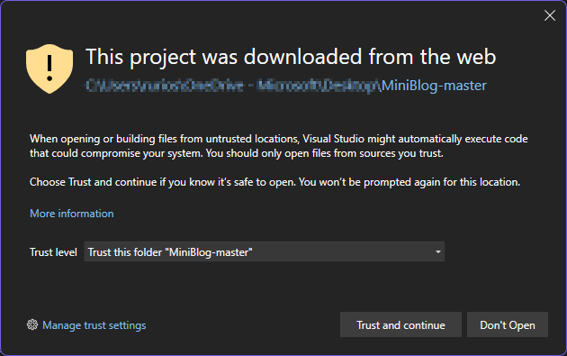 Avviso della finestra di dialogo di attendibilità dei rischi per la sicurezza dovuti all'apertura di download Web in Visual Studio