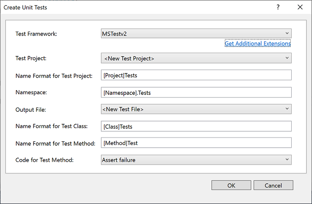 Finestra di dialogo Crea unit test in Visual Studio