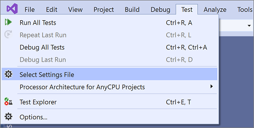 Selezionare il menu di file di impostazioni test in Visual Studio 2019