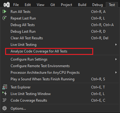 Screenshot del menu Test con l'opzione Analizza code coverage evidenziata.