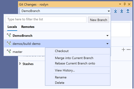 I rami correnti che è possibile visualizzare usando il selettore nella parte superiore del selettore Modifiche Git in Visual Studio 