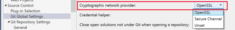 Screenshot che mostra l'opzione 'Cryptographic network provider' evidenziata con 'OpenSSL' selezionata nell'elenco a discesa.