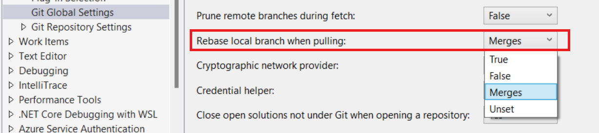 Screenshot che mostra l'opzione 'Rebase local branch when pulling' evidenziata e 'Merges' selezionata nell'elenco a discesa.