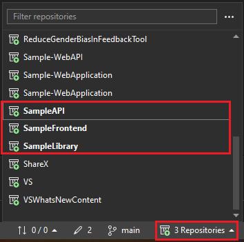 Screenshot che mostra come attivare più repository da una cartella in Visual Studio.