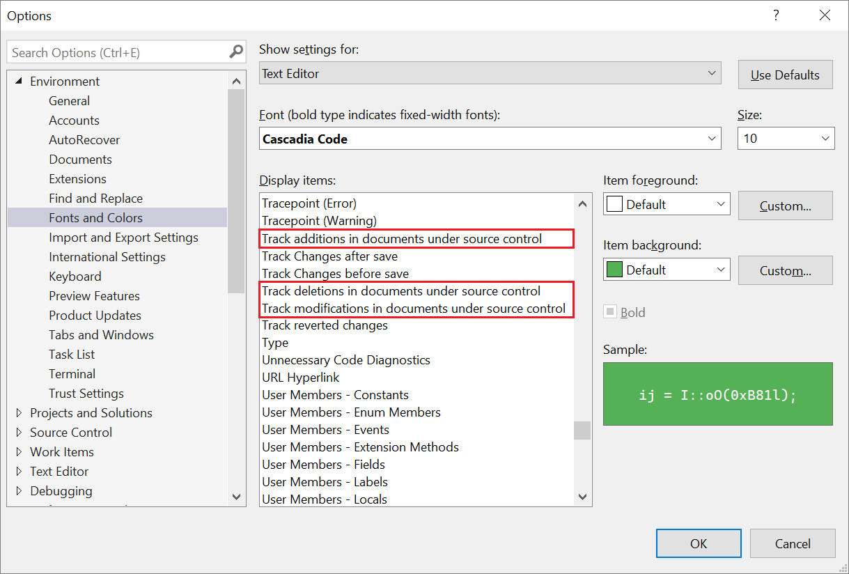 Screenshot della finestra di dialogo Opzioni in cui è possibile modificare i colori usati da Visual Studio per il controllo del codice sorgente.