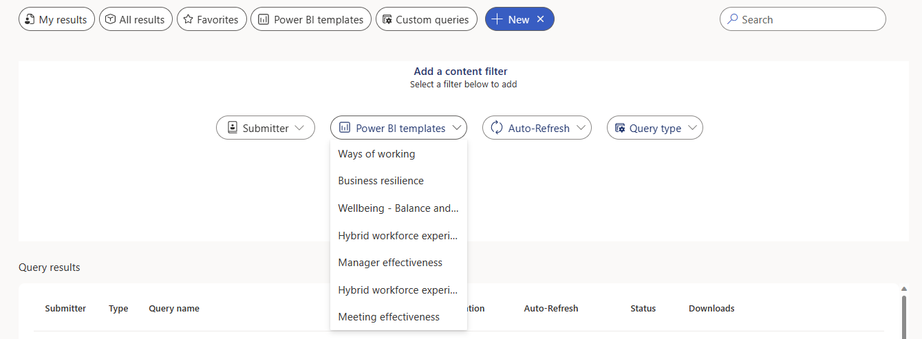 Screenshot che mostra il pulsante nuovo filtro contenuto selezionato e l'opzione Modelli di Power BI espansa di seguito.