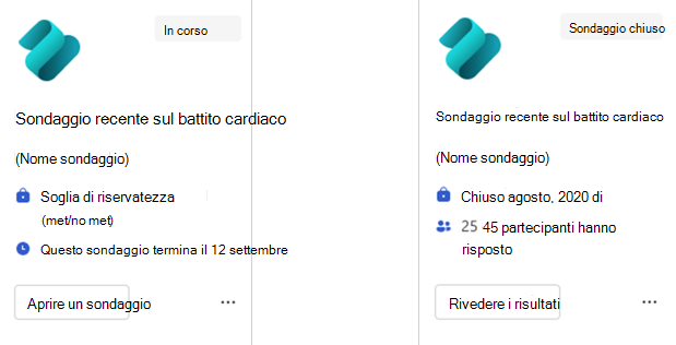 Screenshot che mostra gli stati di In-Progress e Sondaggio chiuso per la scheda azione Impulso recente.