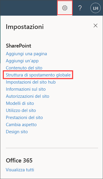 Screenshot dell'opzione Struttura di spostamento globale nel pannello Impostazioni.