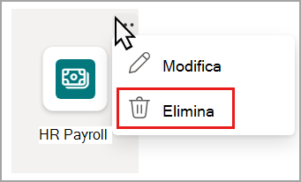 Screenshot del menu a discesa collegamento alla risorsa con l'opzione di eliminazione evidenziata.