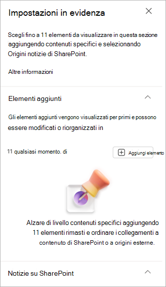 Screenshot del riquadro delle proprietà delle impostazioni in evidenza.