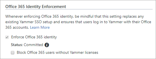 Screenshot della casella di controllo Blocca Office 365 utenti senza licenze di Yammer in Impostazioni di sicurezza di Yammer.