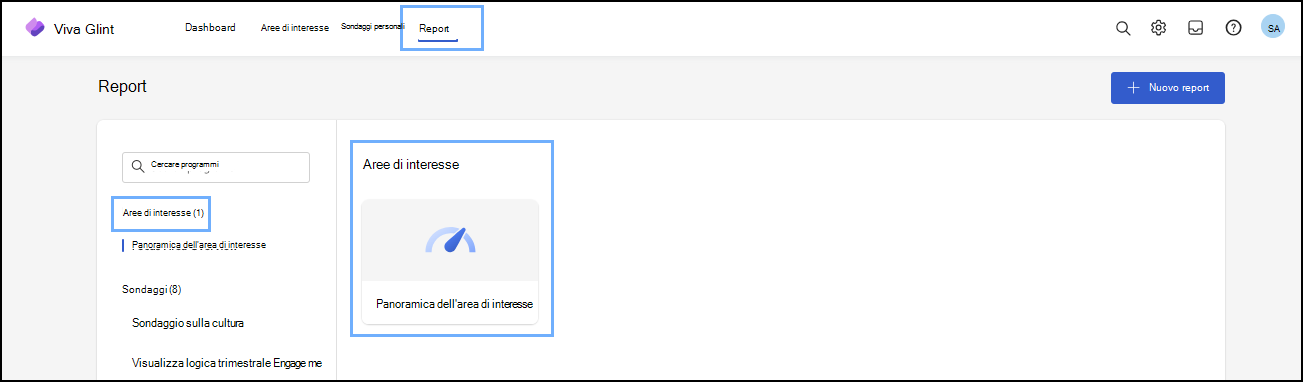 Screenshot della scheda Report dal dashboard di amministrazione.