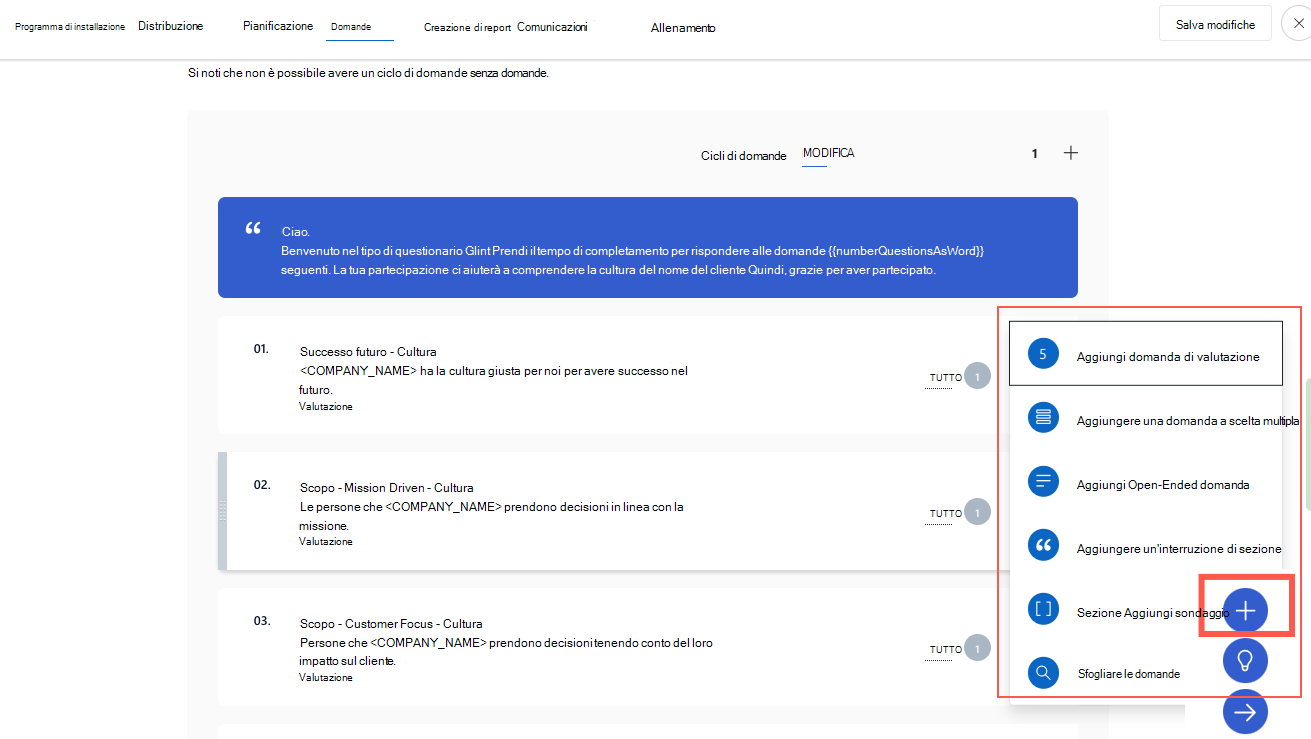 Screenshot del processo per aggiungere elementi a un programma Glint.