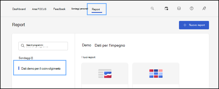 Screenshot della scheda *Report* e Demo Data for Engagement.