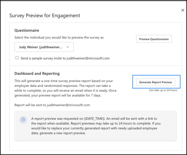 Screenshot della finestra di dialogo *Anteprima sondaggio per Engagement* da cui selezionare **Genera anteprima report**.