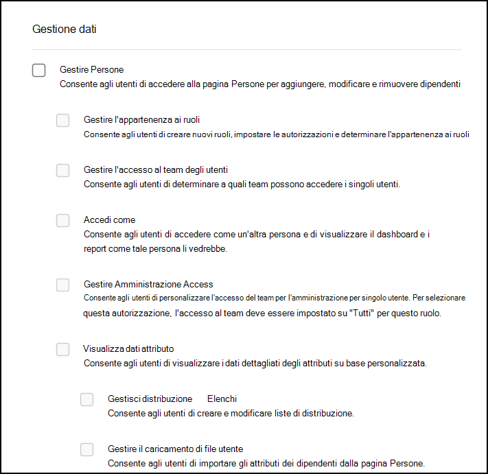 Screenshot della sezione Gestione dati in Autorizzazioni e accesso.