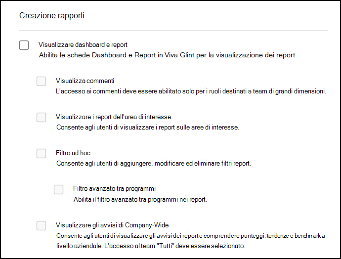 Screenshot della sezione Report in Autorizzazioni e accesso.