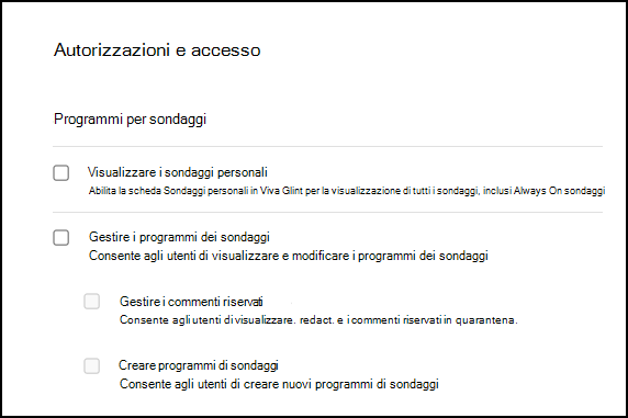 Screenshot della sezione Accesso ai programmi di sondaggio in Autorizzazioni e accesso.