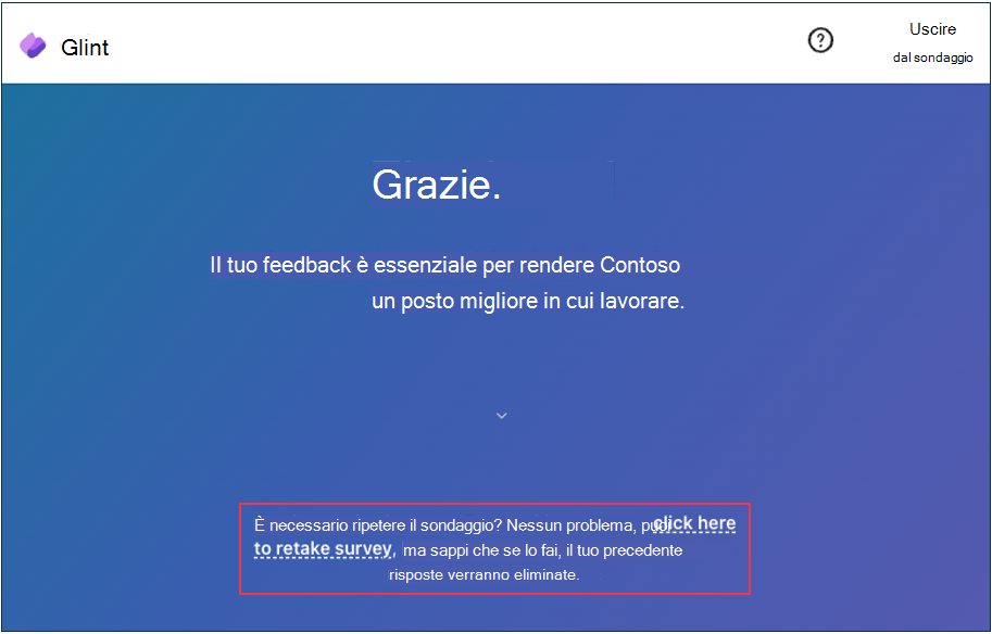 Screenshot della pagina Grazie con la reinvio del sondaggio abilitata.