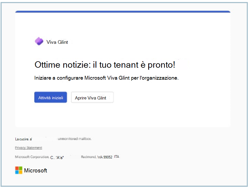 Screenshot che mostra il tenant Viva Glint pronto per l'uso.