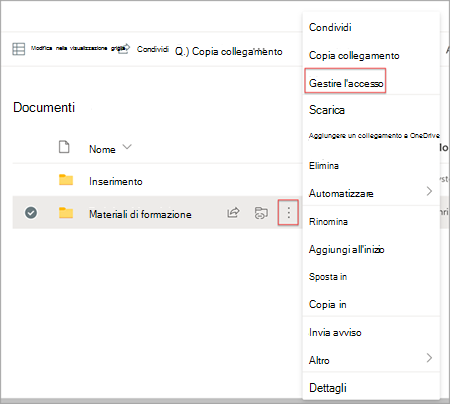 Pagina raccolta documenti in SharePoint che mostra l'opzione Mostra azioni con l'opzione Gestisci accesso evidenziata.