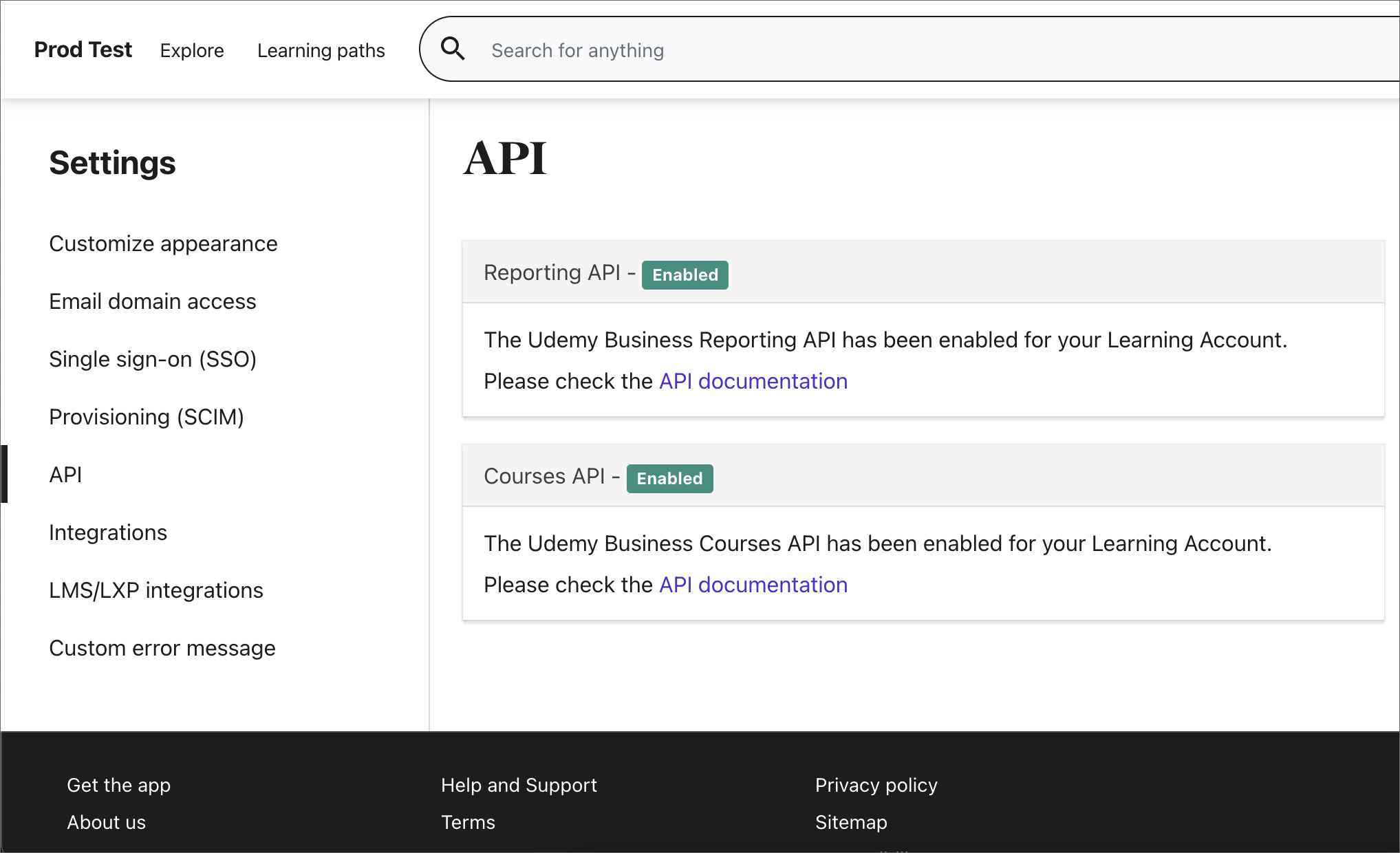 Immagine delle impostazioni api con le API visualizzate come abilitate.