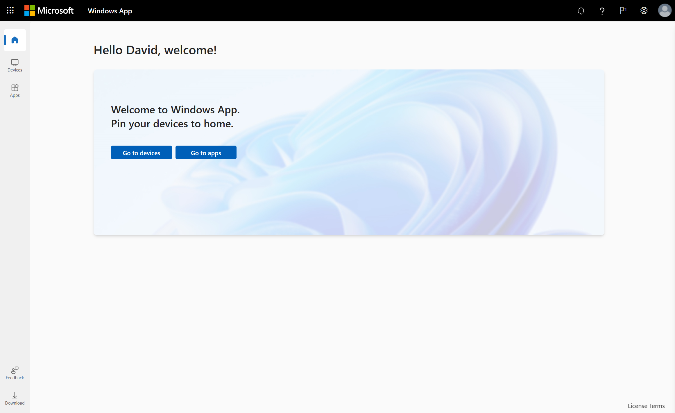 Screenshot che mostra la scheda Home per App Di Windows in un Web browser con Desktop virtuale Azure.