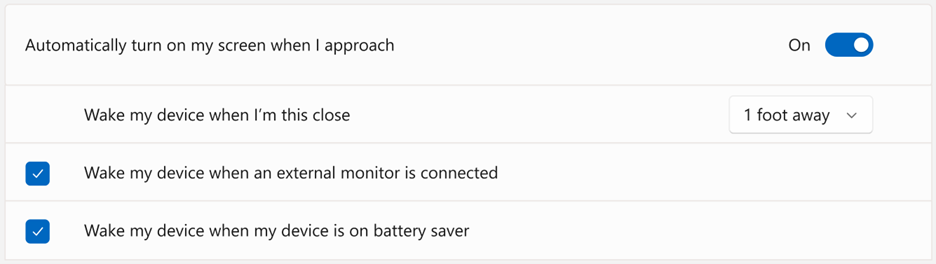 Example of settings for Wake on Approach in Windows 11 22H2 and later